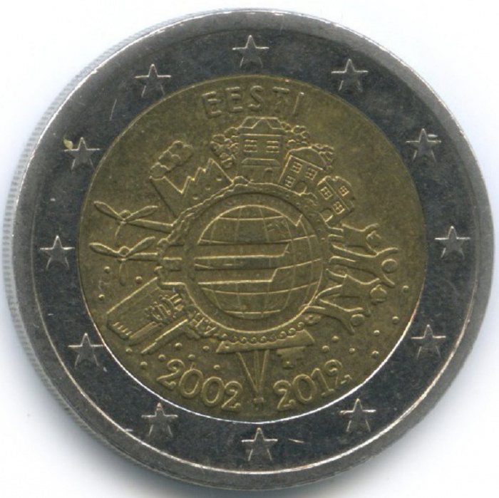 (001) Монета Эстония 2012 год 2 евро &quot;10 лет наличному обращению Евро&quot;  Биметалл  XF