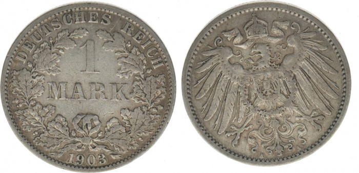 (1903A) Монета Германия (Империя) 1903 год 1 марка   Серебро Ag 900  XF