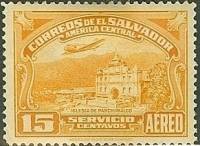 (№1937-542) Марка Сальвадор 1937 год "Самолет над Церковью Панчималько", Гашеная