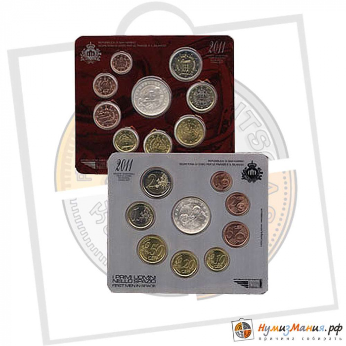 (2011, 9 монет) Набор монет Сан-Марино 2011 год &quot;50 лет первому полёту человека в космос&quot;  Буклет