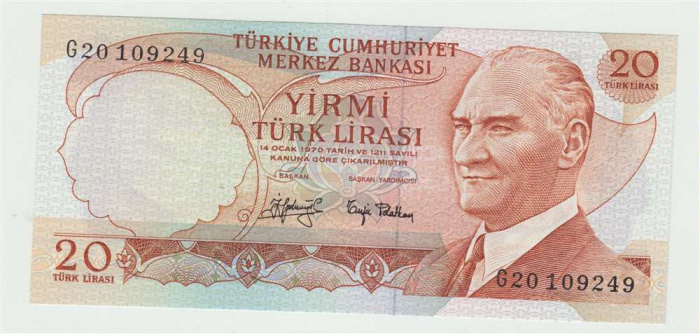 (,) Банкнота Турция 1974 год 20 лир &quot;Мустафа Кемаль Ататюрк&quot;   UNC