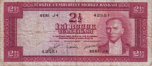 (№1952P-154a) Банкнота Турция 1952 год &quot;2frac12; Turkish Lira&quot;