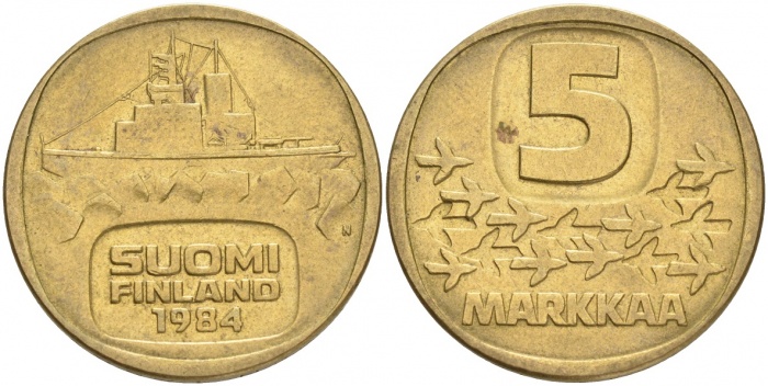 (1984) Монета Финляндия 1984 год 5 марок &quot;Ледокол Урхо&quot; Латунь  XF