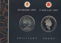 (1999, 20 крон и 5 $) Набор монет Норвегия Канада 1999 год "Корабли викингов"   Буклет