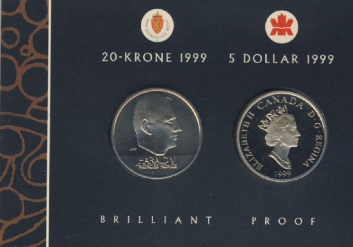 (1999, 20 крон и 5 $) Набор монет Норвегия Канада 1999 год &quot;Корабли викингов&quot;   Буклет