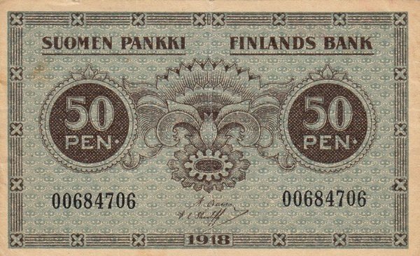 (1918) Банкнота Финляндия 1918 год 50 пенни  Basilier - Thesleff  UNC
