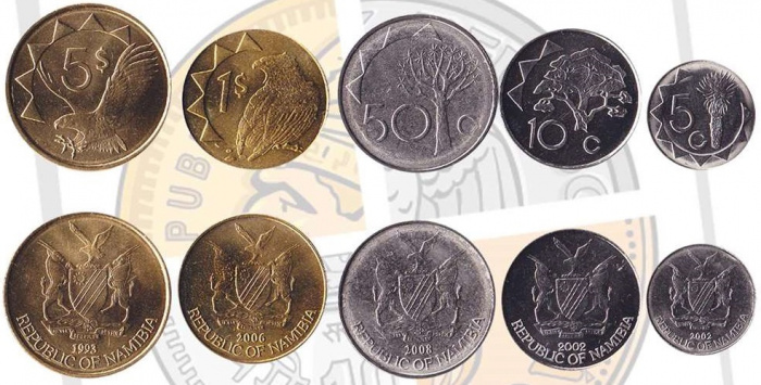 (1993-2006, 5, 10, 50 центов, 1, 5 долларов) Набор монет Намибия 1993-2006 год &quot;Флора и фауна&quot;   UNC