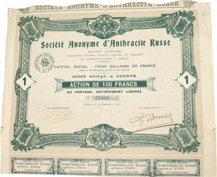 Банкнота Акция 100 франков 1907 год общества Русский Антрацит (№27,683)