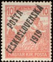 (1919-143) Марка Чехословакия "Жнец (Светло-красная)"    Марки Австрии и Венгрии, с черной или синей