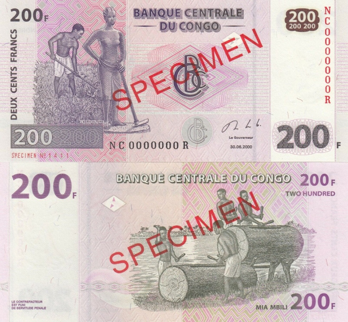(2000 Образец) Банкнота Дем Республика Конго 2000 год 200 франков &quot;Земледелие&quot;   UNC