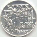 () Монета Италия 1993 год 500  ""   Биметалл (Серебро - Ниобиум)  UNC