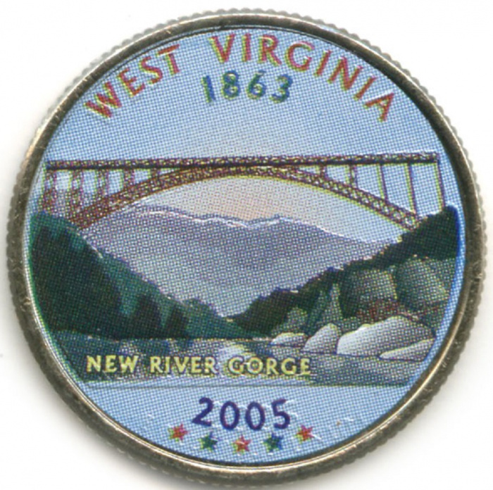 (035d) Монета США 2005 год 25 центов &quot;Западная Виргиния&quot;  Вариант №1 Медь-Никель  COLOR. Цветная