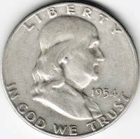 (1954s) Монета США 1954 год 50 центов   Бенджамин Франклин Серебро Ag 900  VF