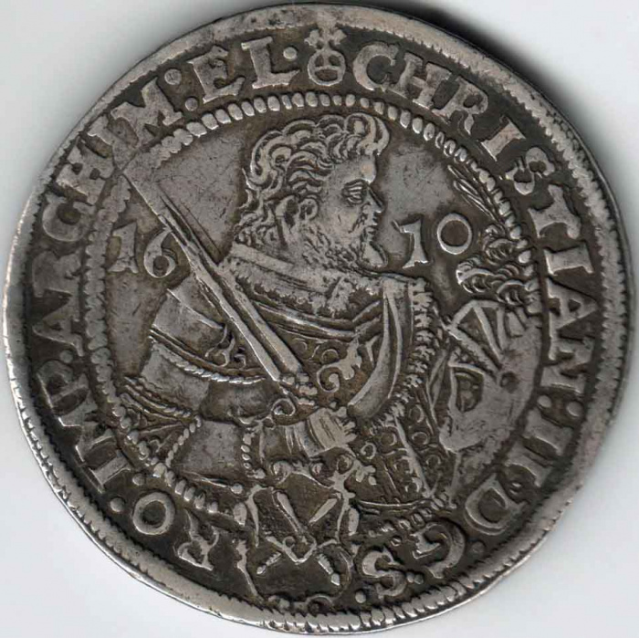 Монета Саксония 1 Талер 1610 год &quot;Христиан II с мечом в руке, Иоганн Георг I и Август&quot;, XF