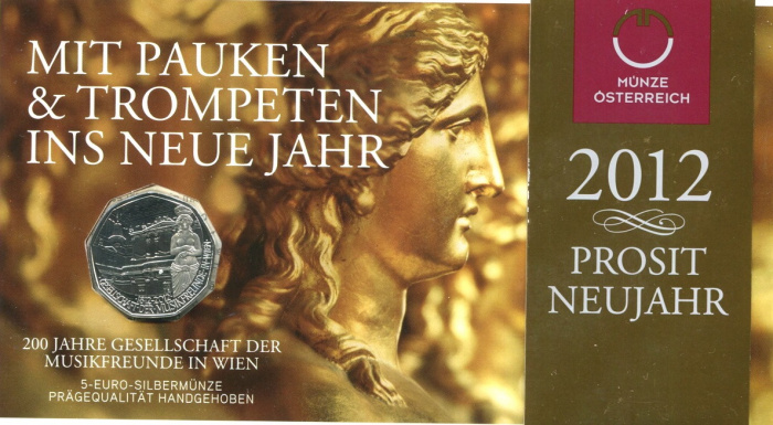 (021, Ag) Монета Австрия 2012 год 5 евро &quot;Общество любителей музыки&quot;  Серебро Ag 800  Буклет