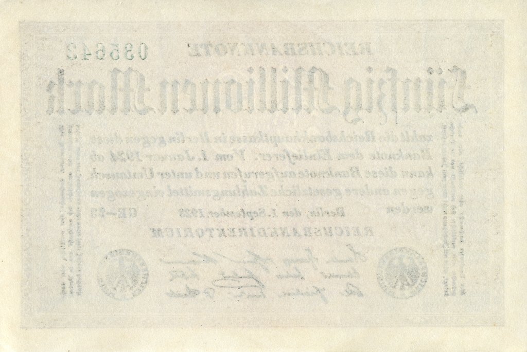 (1923) Банкнота Германия 1923 год 50 000 000 марок &quot;Вод знак Звёзды&quot; 6-й выпуск, белая бум  XF