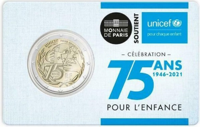 (2021) Монета Франция 2021 год 2 евро &quot;ЮНИСЕФ 75 лет&quot;  Биметалл  Coincard