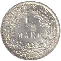 (1912A) Монета Германия (Империя) 1912 год 1/2 марки   Серебро Ag 900  XF