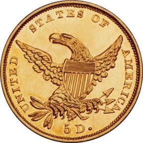 (1834, крестообразная 4) Монета США 1834 год 5 долларов   Золото Au 899  UNC