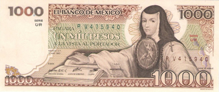 (,) Банкнота Мексика 1983 год 1 000 песо &quot;Хуана Инес де ла Крус&quot;   UNC