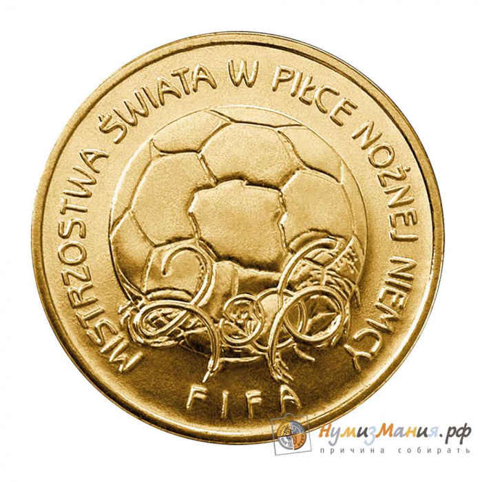(113) Монета Польша 2006 год 2 злотых &quot;ЧМ по футболу Германия 2006&quot;  Латунь  UNC