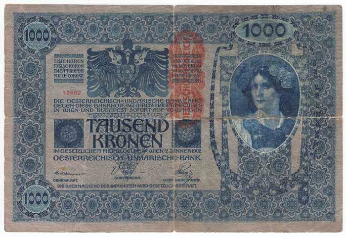 1919 Банкнота Австро-Венгрия 1919 год 1 000 крон Вертик надпечатка на боне 1902 года   VF
