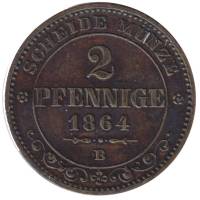 Монета Королевство Саксония 1864 год 2 пфеннига (B), XF