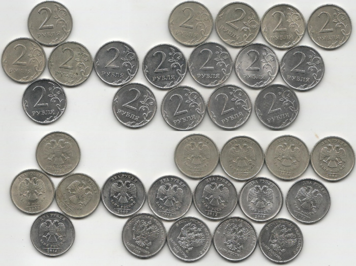 (1999-2021 СПМД ММД 17 монет по 2 рубля) Набор монет Россия   XF