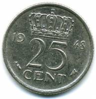 () Монета Нидерланды (Голландия) 1948 год 25  ""   Акмонитал  UNC