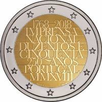 (020) Монета Португалия 2018 год 2 евро "250 лет Национальной типографии"  Биметалл  UNC