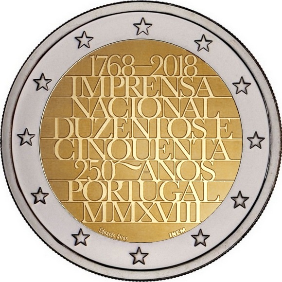 (020) Монета Португалия 2018 год 2 евро &quot;250 лет Национальной типографии&quot;  Биметалл  UNC