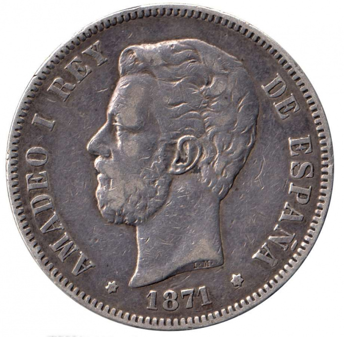 (1871) Монета Испания 1871 год 5 песет &quot;Амадей I&quot;  Серебро Ag 900  VF