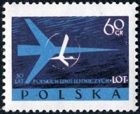(1959-030) Марка Польша "Силуэт самолета и эмблема"   30 лет авиакомпании LOT II Θ