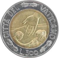 (1999) Монета Ватикан 1999 год 500 лир "Иоанн Павел II. 21 год понтификата"  Биметалл  UNC
