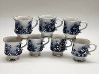 Кофейные чашки 7 шт Бронницы фарфор голубые с белыми цветами позолота новые