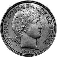 (1892) Монета США 1892 год 10 центов   Дайм Барбера Серебро Ag 900  XF