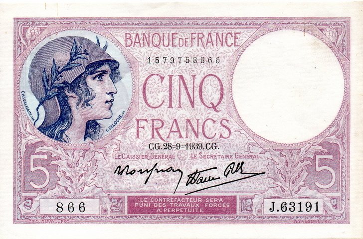 (№1939P-83a.7) Банкнота Франция 1939 год &quot;5 Francs&quot; (Подписи: Le Caissier Général  Le Secrétaire Gén