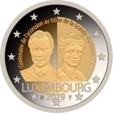 (025) Монета Люксембург 2019 год 2 евро &quot;100 лет вступлению на трон Шарлотты&quot;  Биметалл  UNC