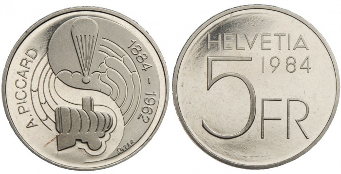 1984 Монета Швейцария 1984 год 5 франков Огюст Пиккар  Медь-Никель  PROOF
