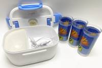 Набор посуды Ланч бокс с подогревом + 3 цветных стакана 