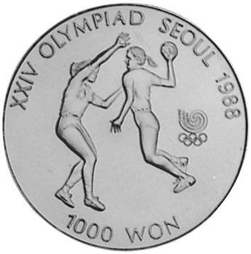 (1987) Монета Южная Корея 1987 год 1000 вон &quot;XXIV Летняя олимпиада Сеул 1988 Гандбол&quot;  Медь-Никель  
