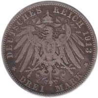 (,) Монета Германия (Бавария) 1913 год 3 марки   Серебро Ag 900  VF