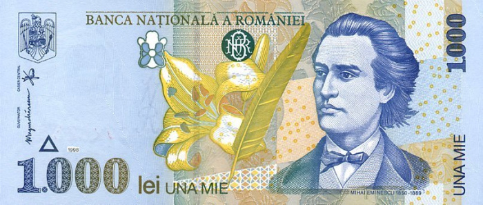 (1998) Банкнота Румыния 1998 год 1 000 лей &quot;Михаил Эминеску&quot; Водяные знаки Тип 1  UNC