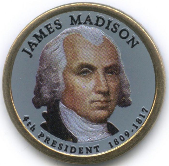 04p Монета США 2007 год 1 доллар Джеймс Мэдисон  Вариант №1 Латунь  COLOR. Цветная