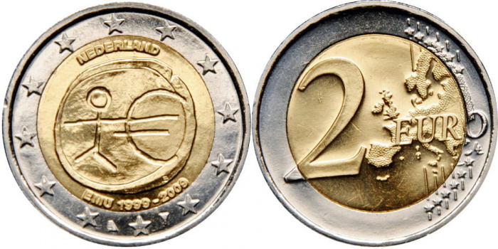 (002) Монета Нидерланды 2009 год 2 евро &quot;Экономический союз 10 лет&quot;  Биметалл  UNC