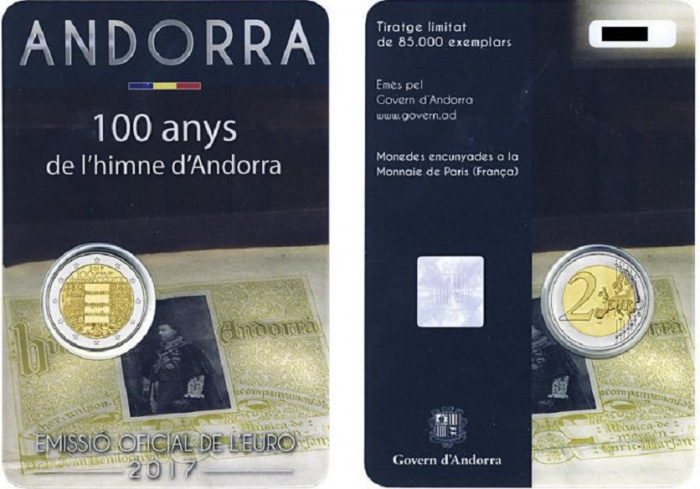 (06) Монета Андорра 2017 год 2 евро &quot;Государственный гимн 100 лет&quot;  Биметалл  Блистер