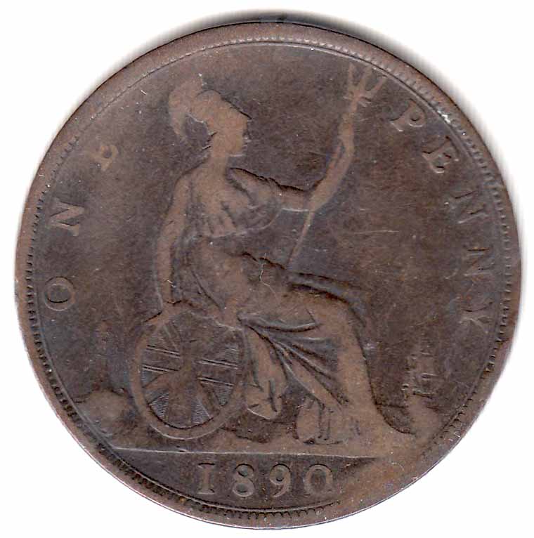 (1890) Монета Великобритания 1890 год 1 пенни &quot;Королева Виктория&quot;  Бронза  VF