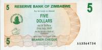 Банкнота Чек на предъявителя Зимбабве 2006-2007 год 5 долларов    UNC