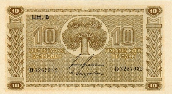 (1939 Litt D) Банкнота Финляндия 1939 год 10 марок  Raittinen - Carpelan  UNC