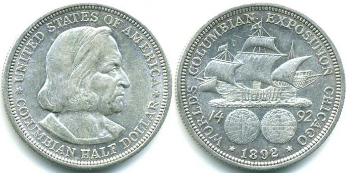 (1892) Монета США 1892 год 50 центов &quot;Христофор Колумб&quot;  Колумбова выставка Серебро Ag 900  XF